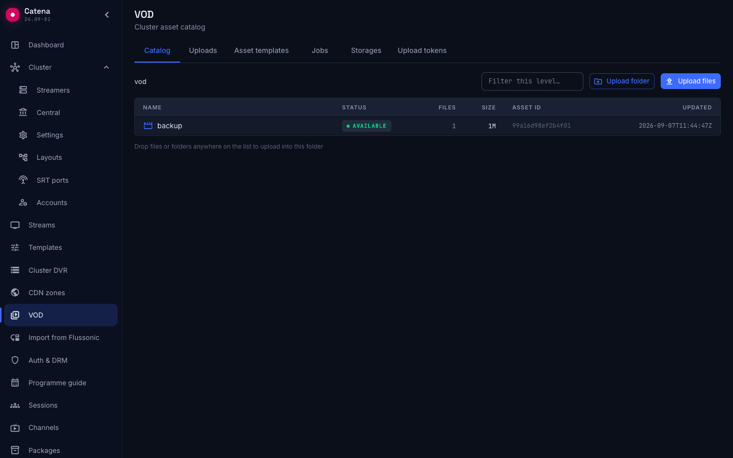 Catalogue VOD de Catena : assets, disponibilité, taille et identifiants permanents ; interface anglaise