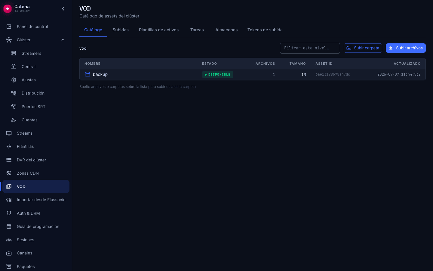 Catálogo VOD de Catena: assets, disponibilidad, tamaño e identificadores permanentes