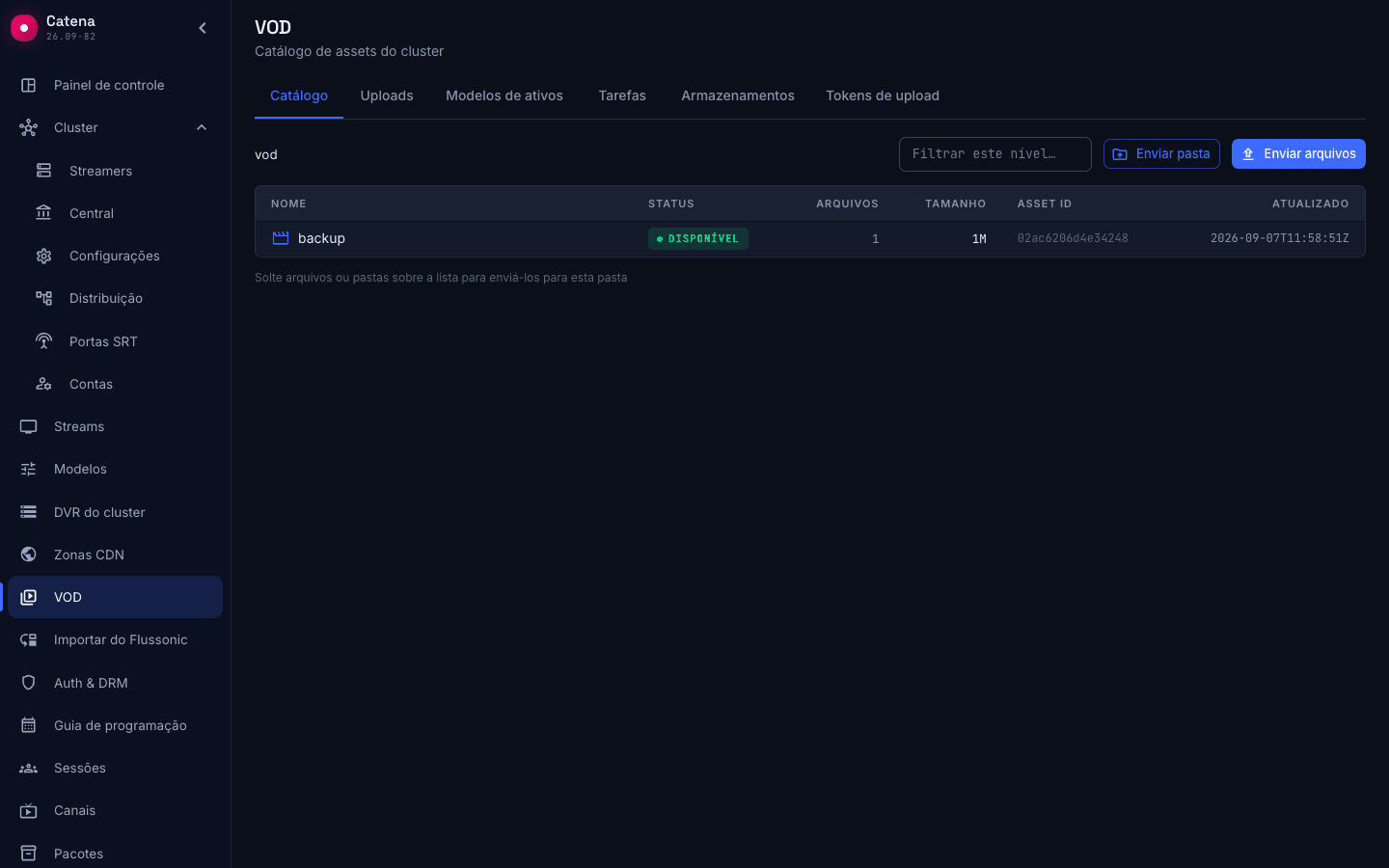Catálogo VOD do Catena: assets, disponibilidade, tamanho e identificadores permanentes