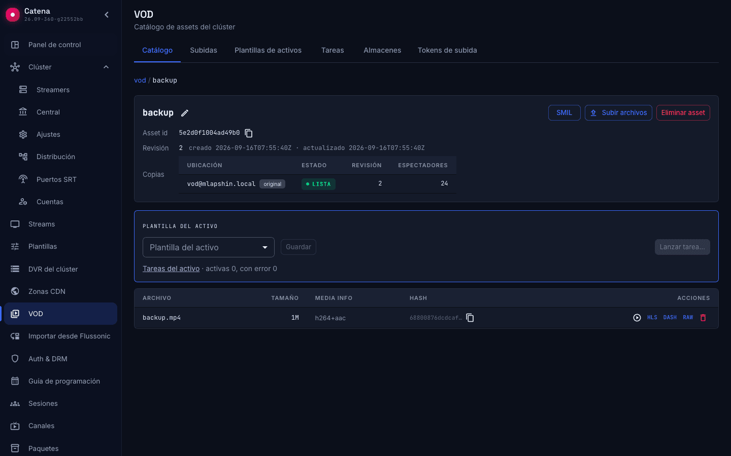 Ficha de un asset VOD con su ubicación de almacenamiento y espectadores en el servidor