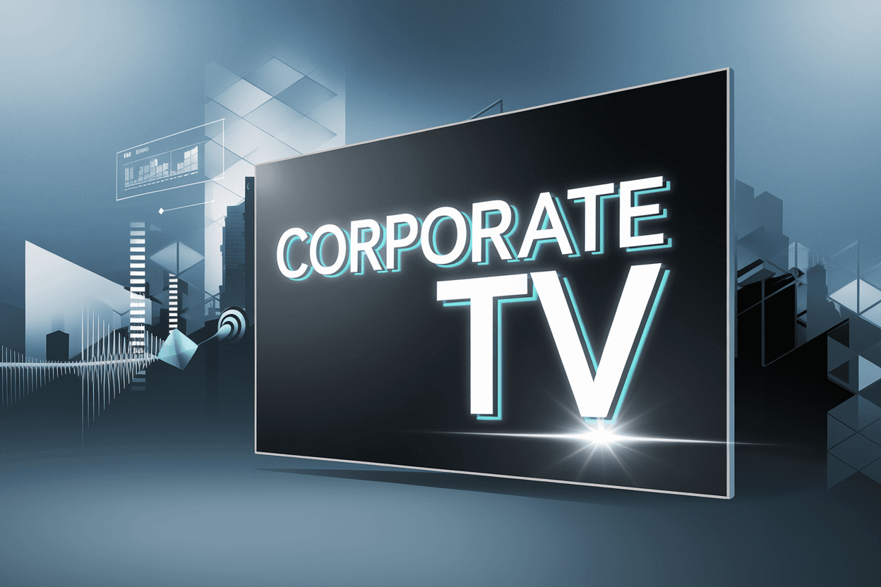 Televisión corporativa con diseño moderno y tipografía profesional