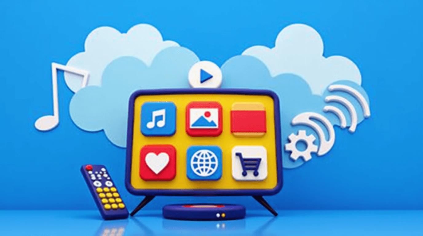 Bildschirm mit App-Icons und Cloud-Übertragungssymbolen, die OTT-Dienste symbolisieren