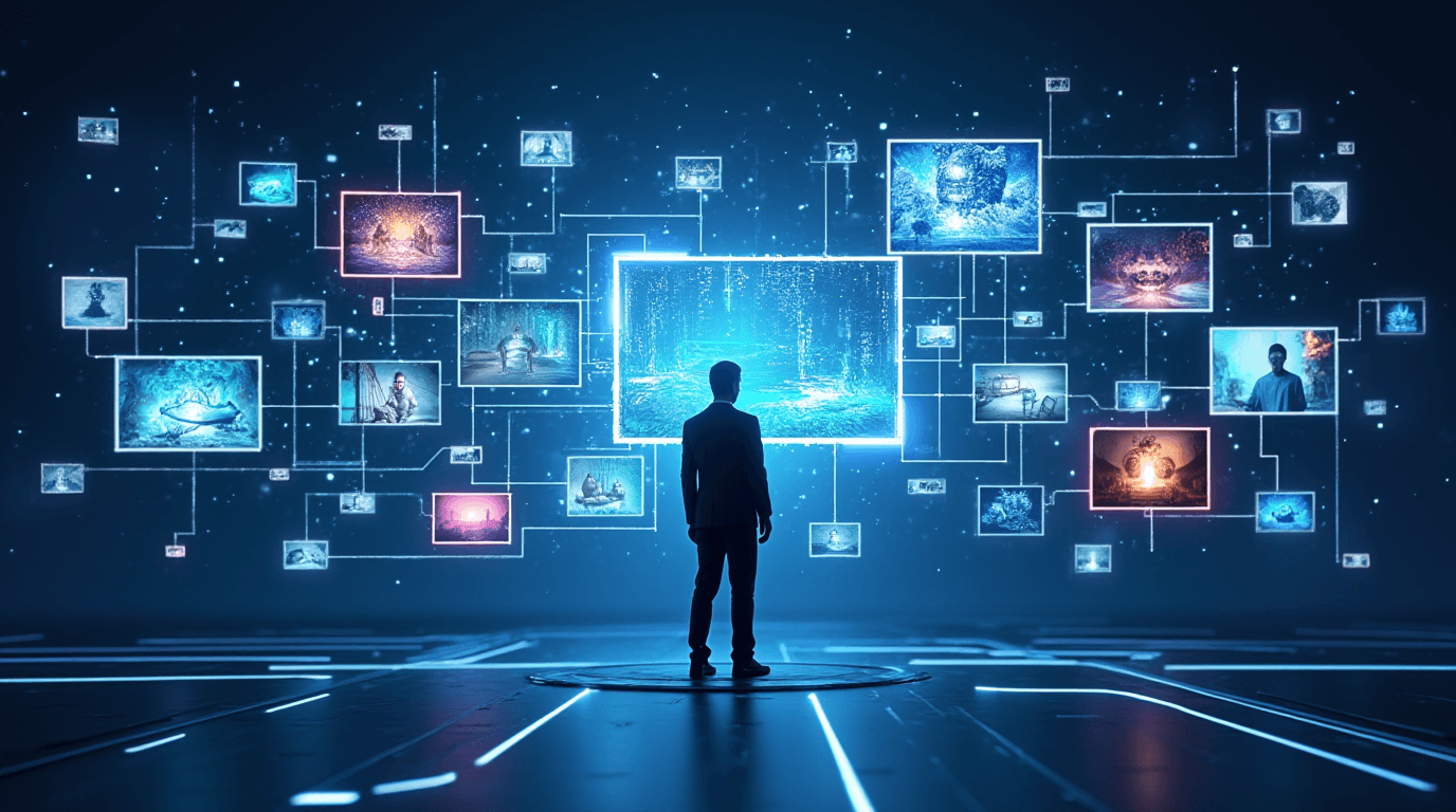 Eine Person in einer futuristischen Umgebung mit digitalen Datenströmen und Streaming-Technologien