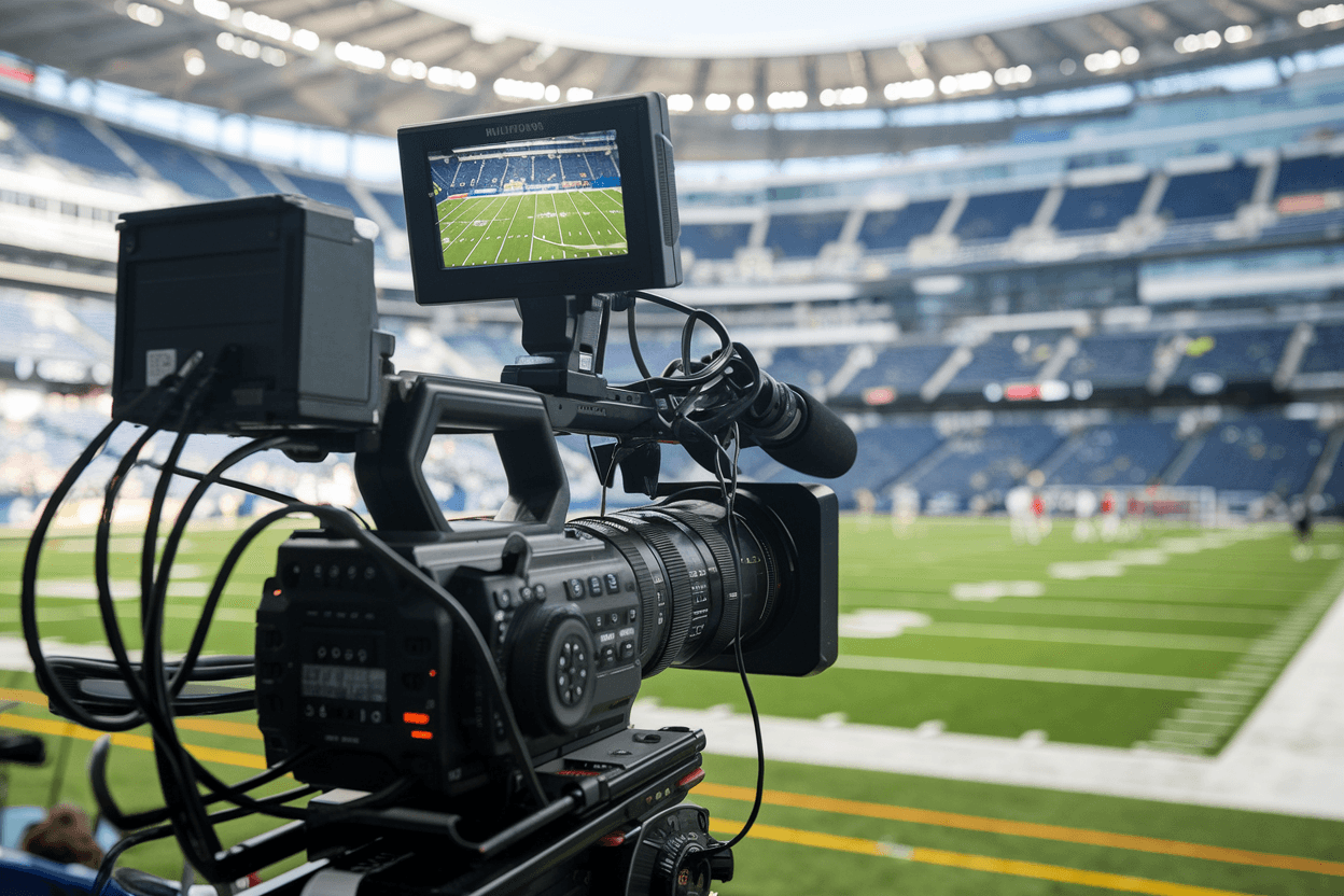 Professional video camera filming a sporting event at a stadium, managed through broadcasting software.