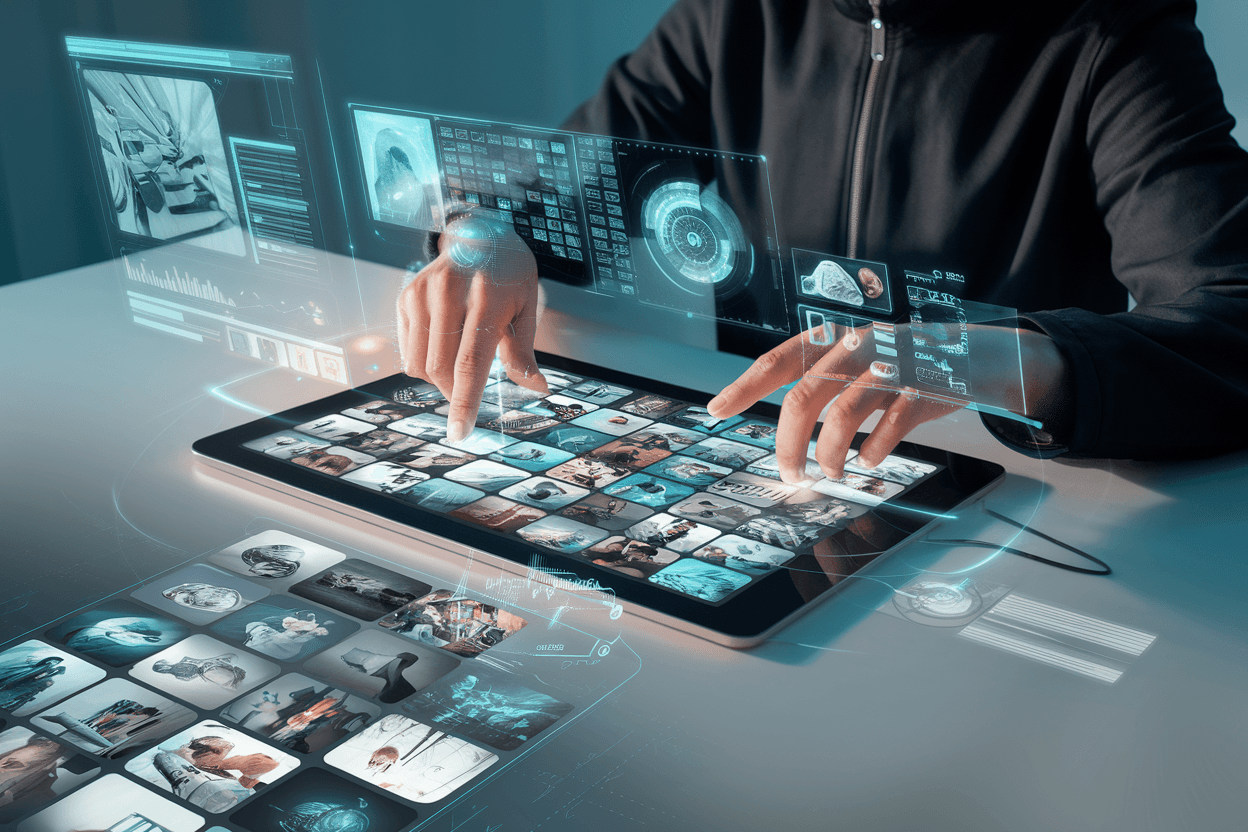 Person interacting with a large tablet, managing video content through broadcasting software