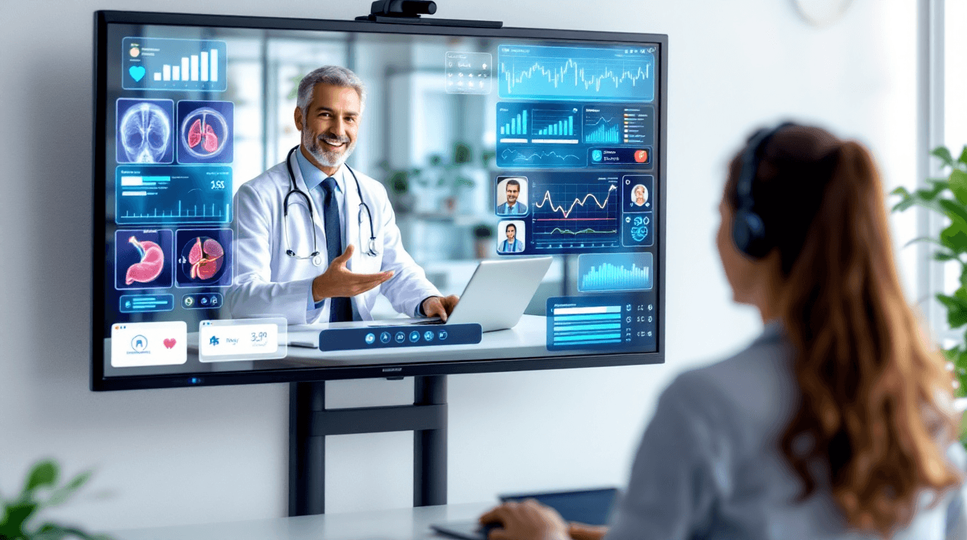 Video call between doctor and patient on screen with medical video interface