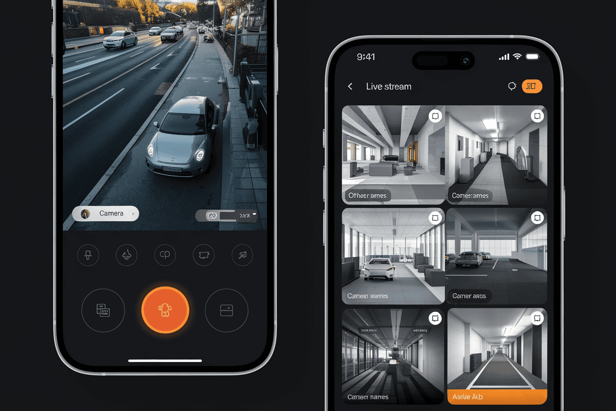 Deux smartphones avec une application de vidéosurveillance montrant des flux vidéo de caméras