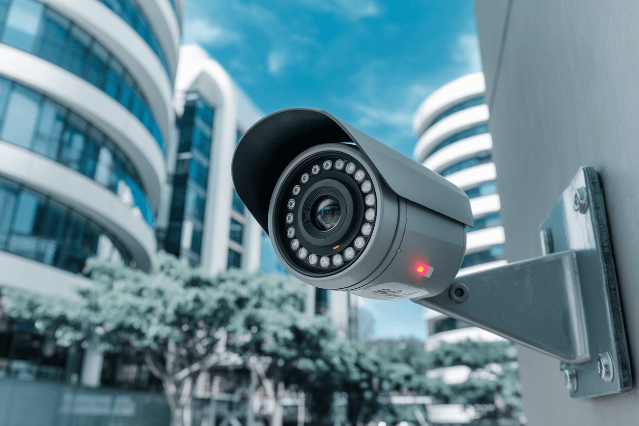 Caméra de surveillance de rue montée sur un mur