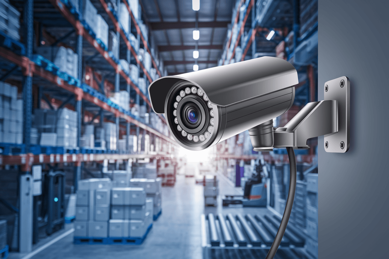 Caméra de vidéosurveillance installée dans un entrepôt