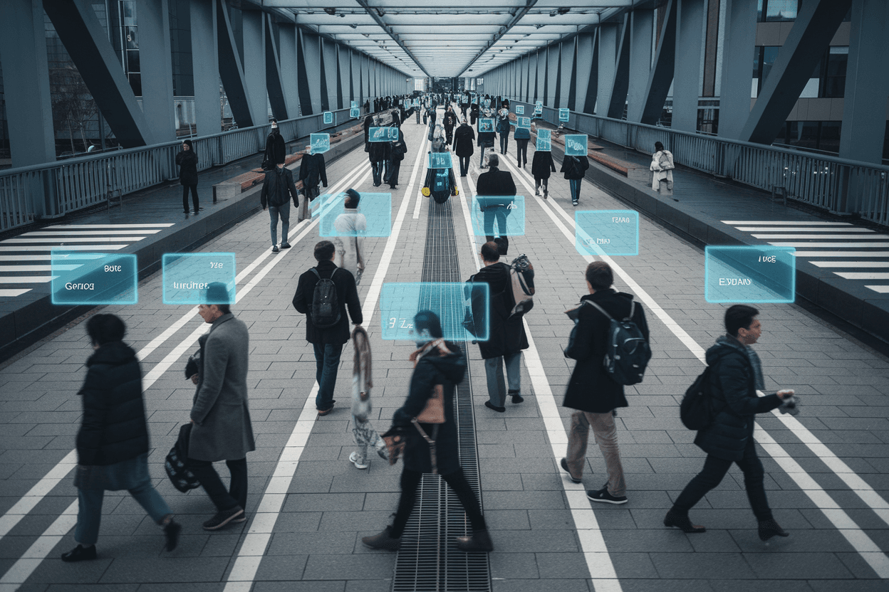 Zone piétonne avec analytique de vidéosurveillance montrant des données sur les personnes
