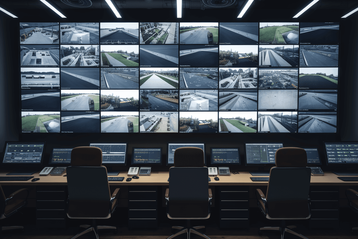 Centre de contrôle de vidéosurveillance moderne avec plusieurs écrans affichant un logiciel de vidéosurveillance
