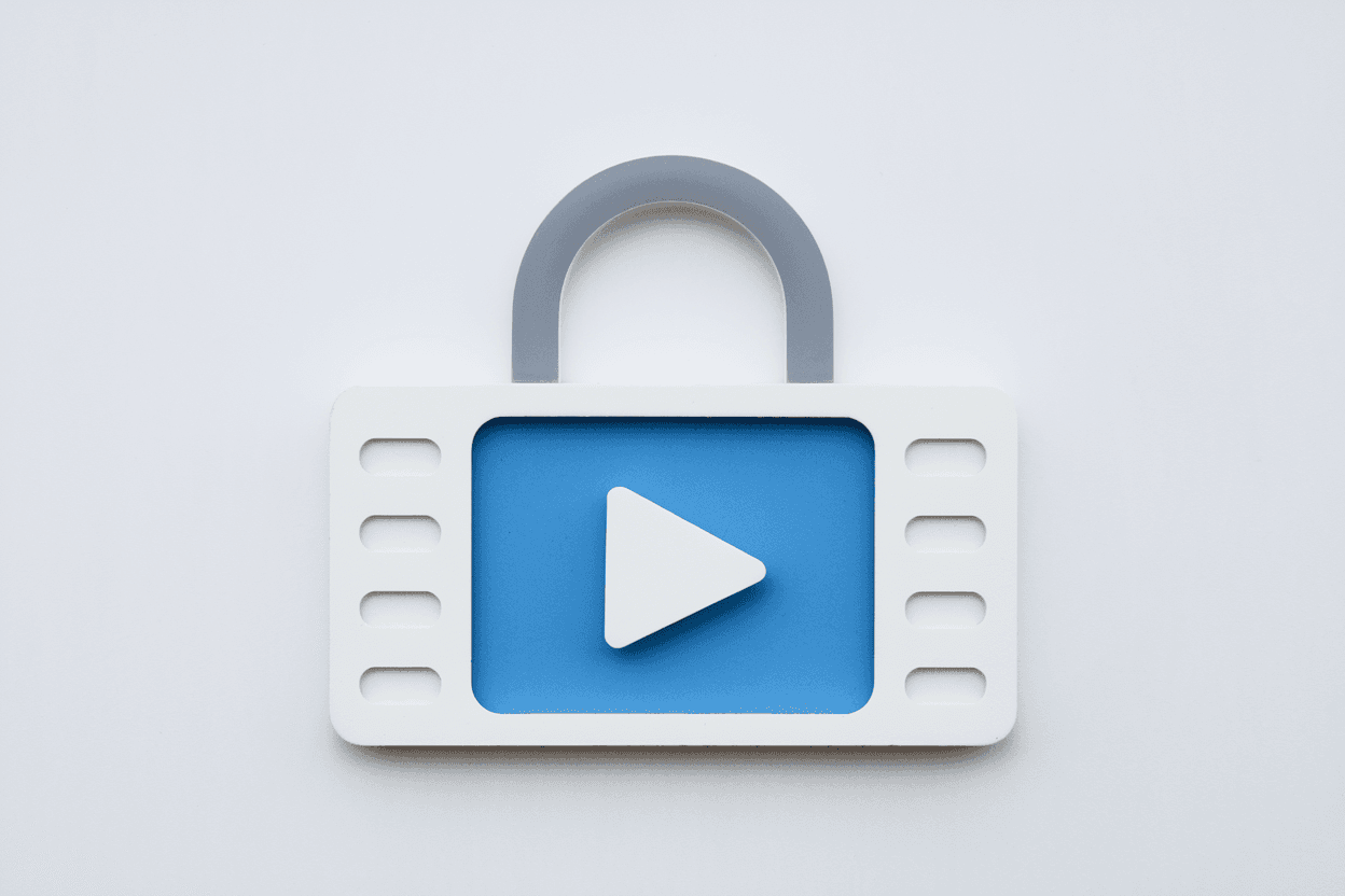 Icon with security and video playback symbols, symbolizing a protected video server
