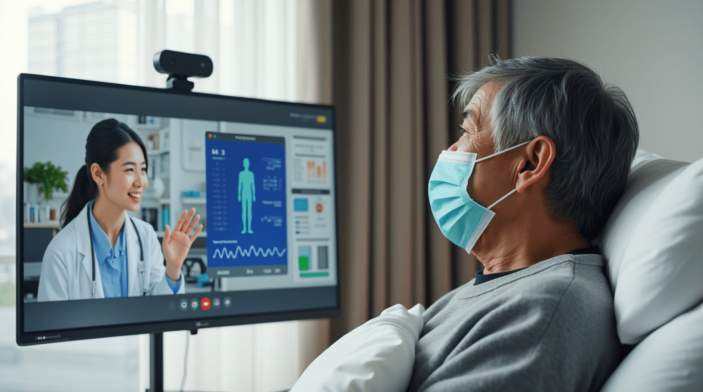 Telemedicine: video call between a doctor and a patient in a hospital ward