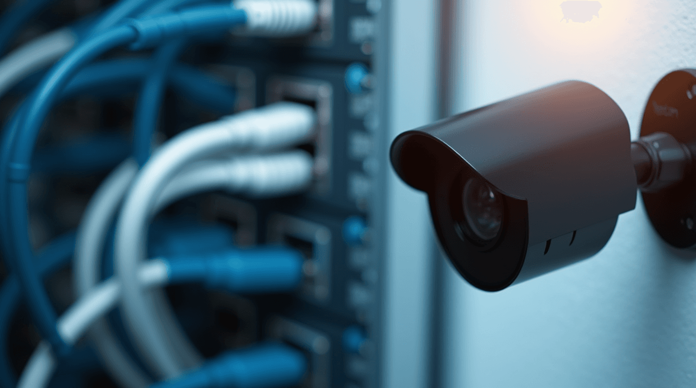 Surveillance camera against a background of network equipment with connected cables