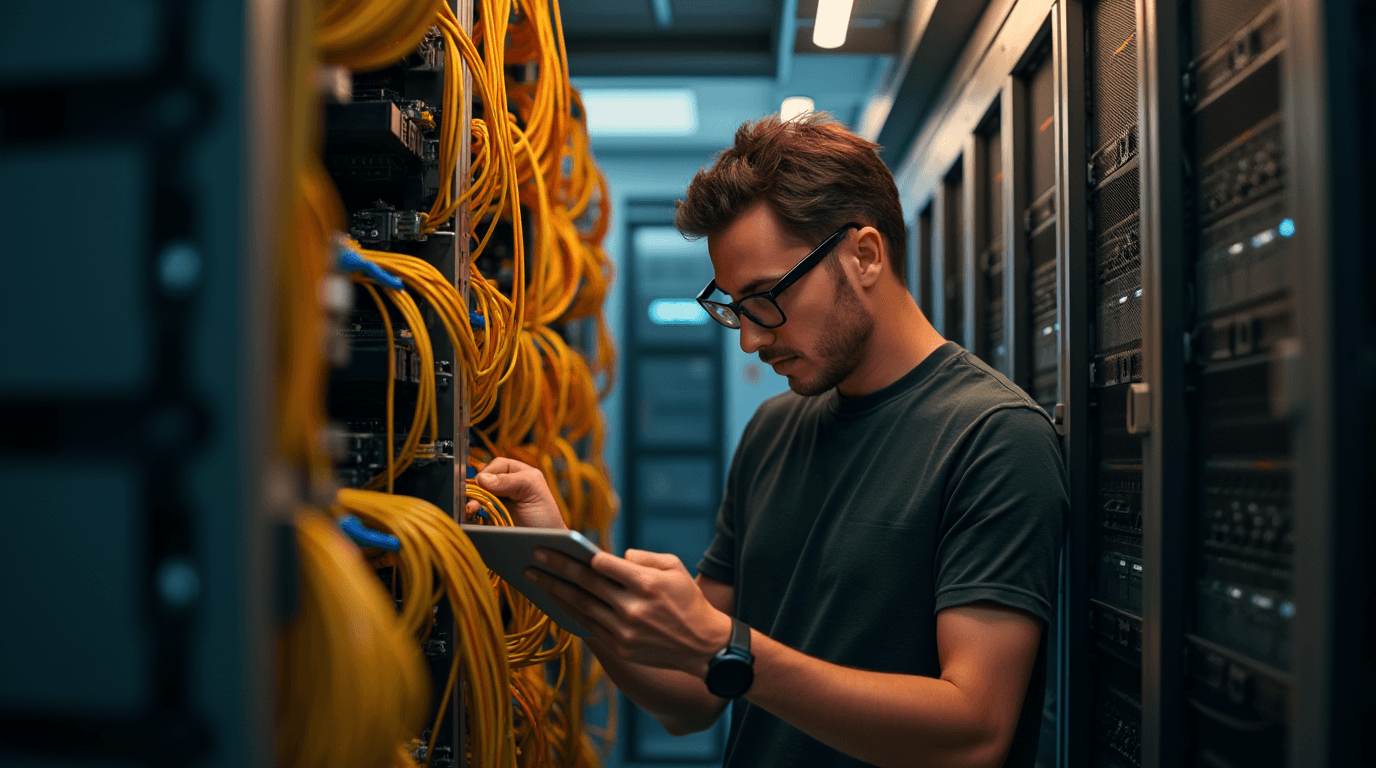 Specialist in a server room working with network cables and equipment