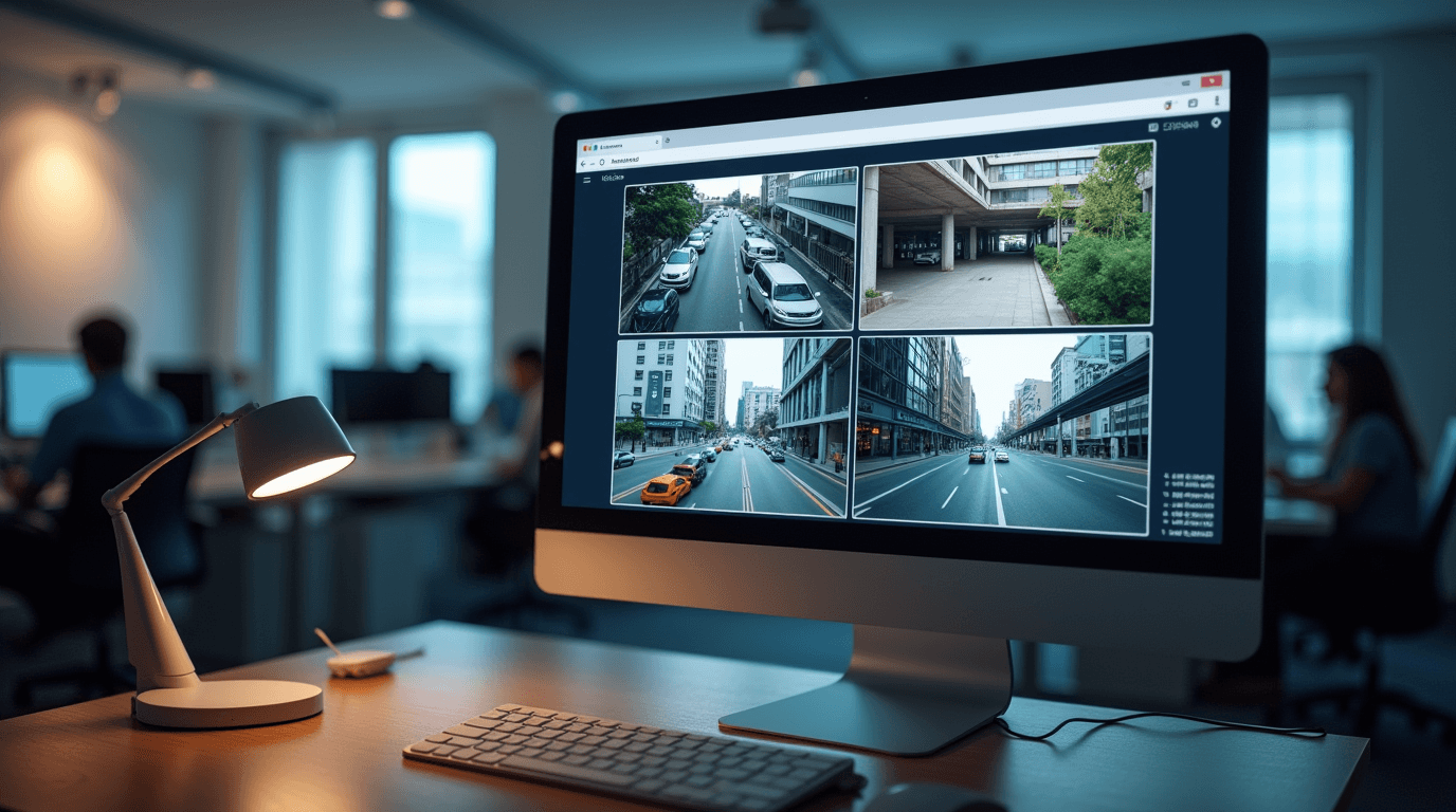 Office monitor displaying surveillance camera feed through a website