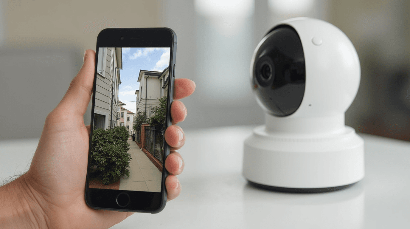 Viewing a surveillance camera feed on a smartphone screen next to a camera