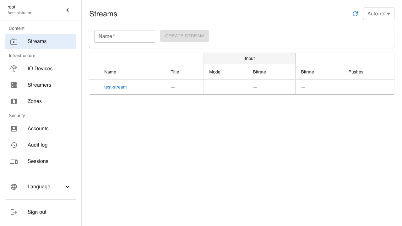 Streams in admin UI: example stream test-stream