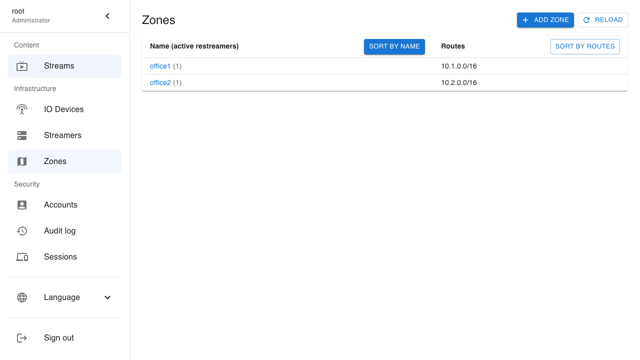Zones section: zone list (example office1, office2)