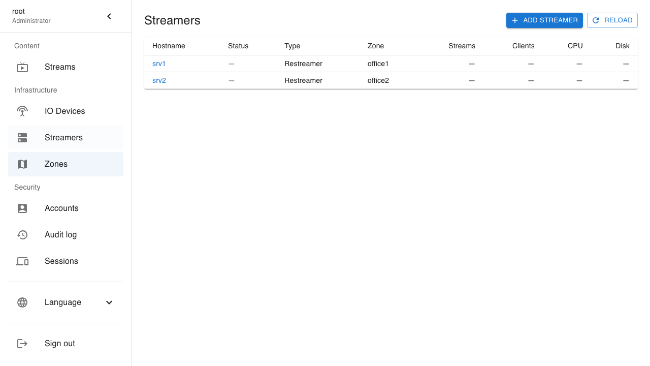 Streamers section: node list (example srv1, srv2)