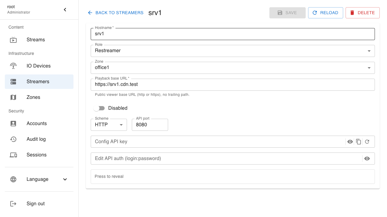Restreamer card: restreamer type, zone, and playback_base_url (example srv1)