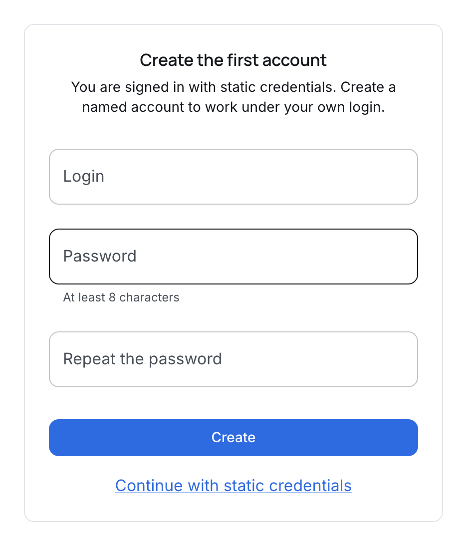 The panel offers to create the first administrator