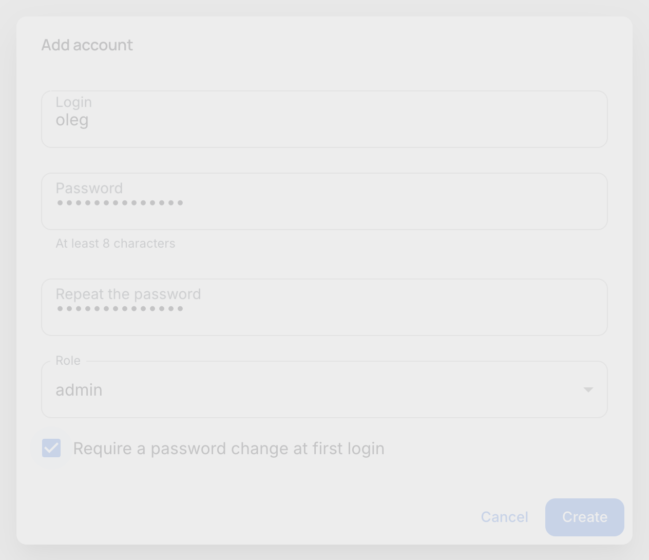 The form for creating an administrator