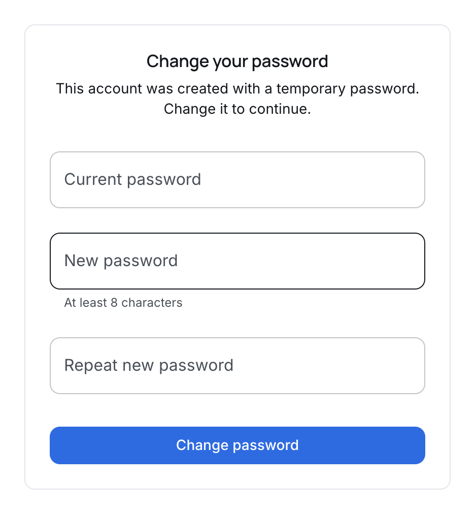 The temporary password change form