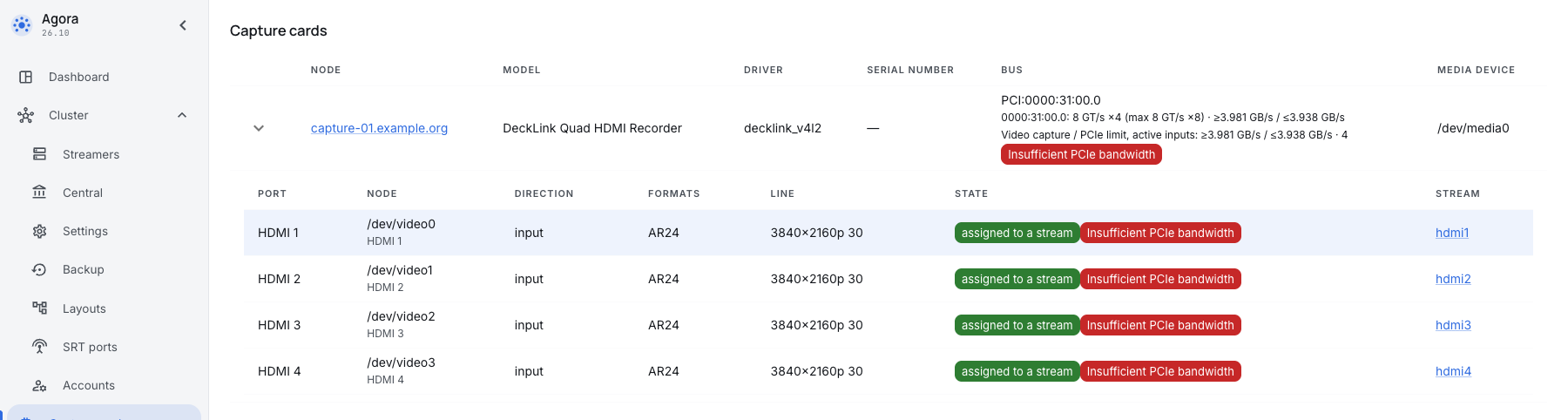 Insufficient PCIe bandwidth with four 4K30 captures