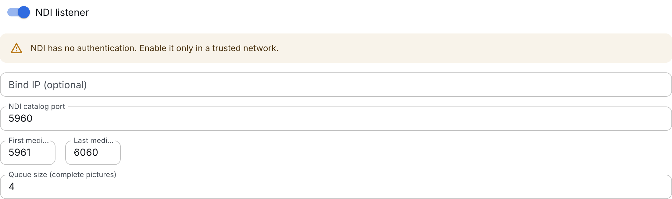 NDI listener enabled on the selected server