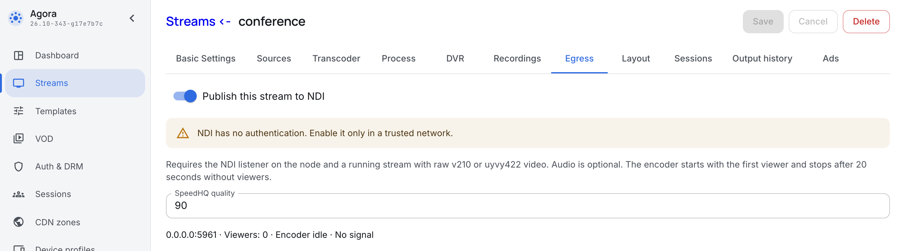 Stream publication to NDI