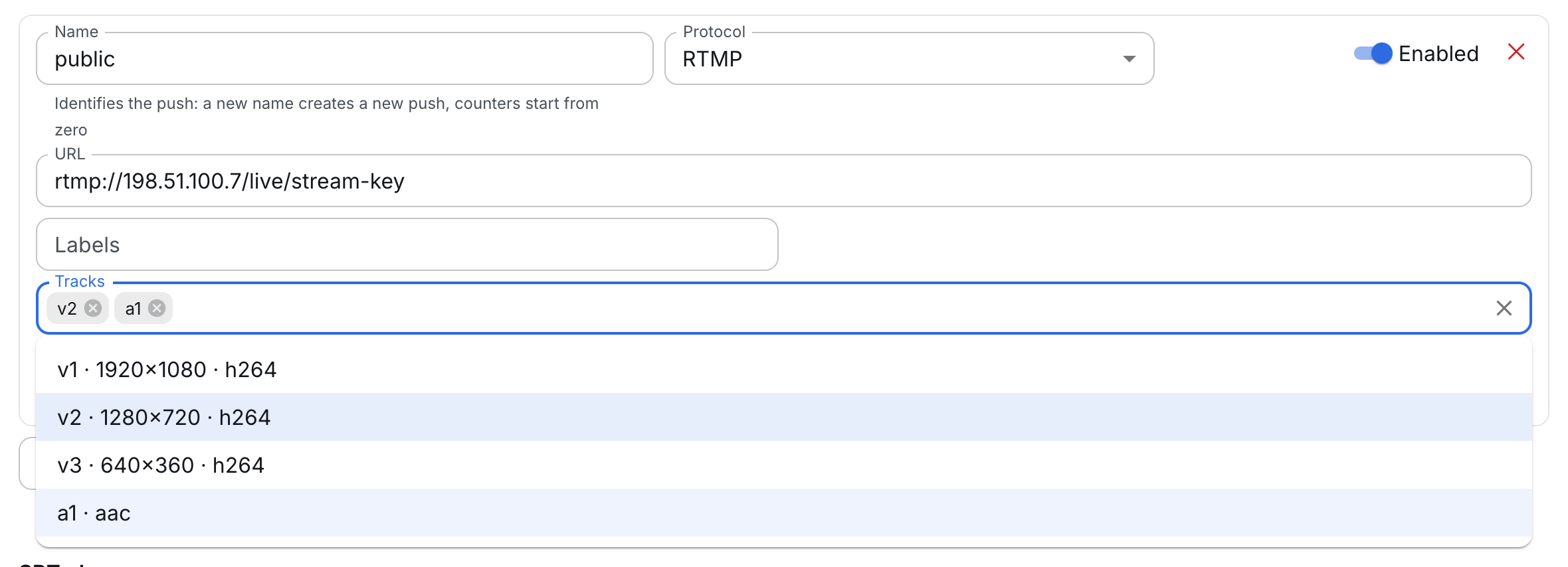 The Tracks field of an RTMP push: the 720p rendition is selected