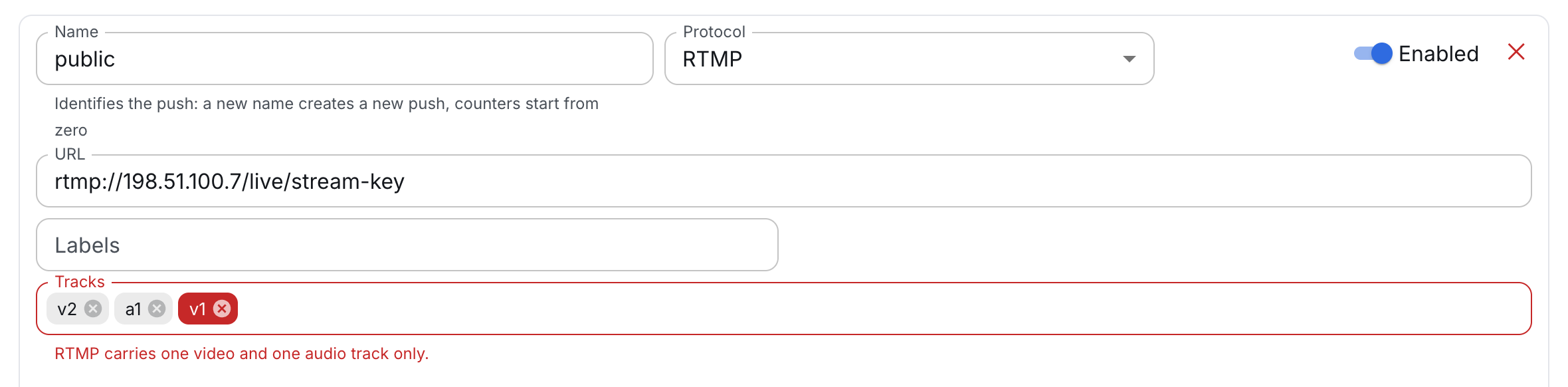A second video track in the set of an RTMP push: the panel warns before saving