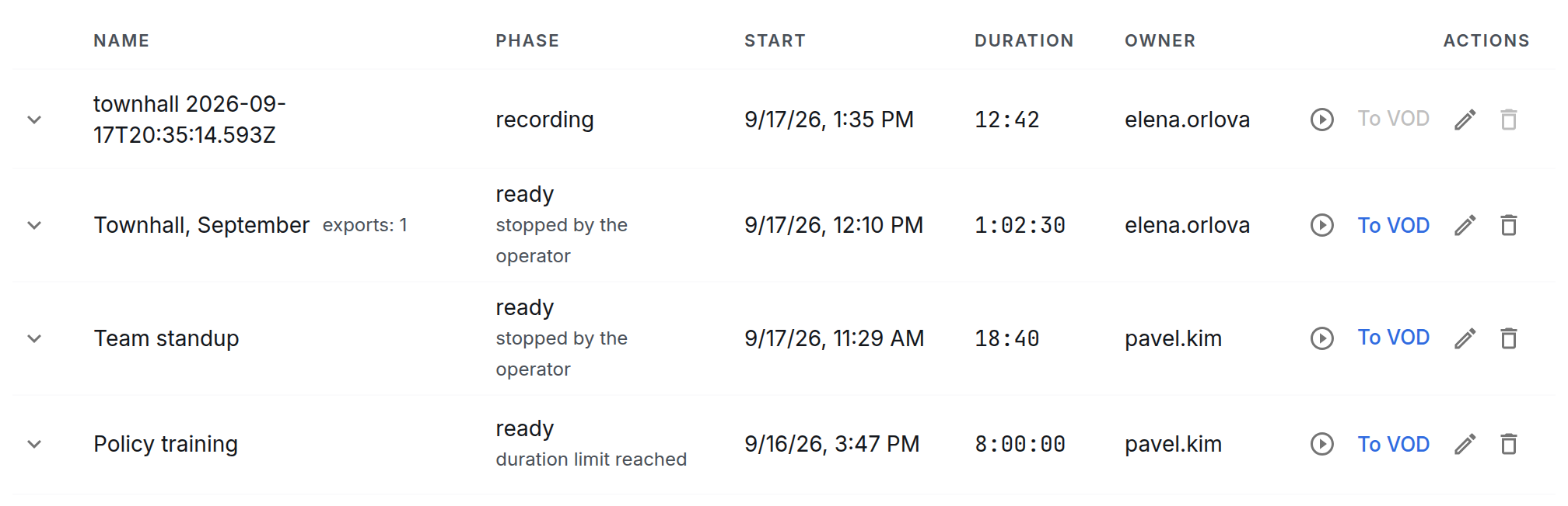 The list of a broadcast's recordings
