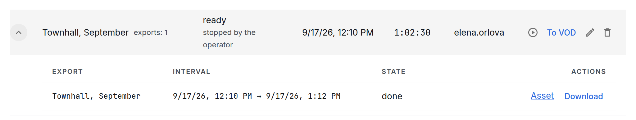An export of a recording and the link to its asset