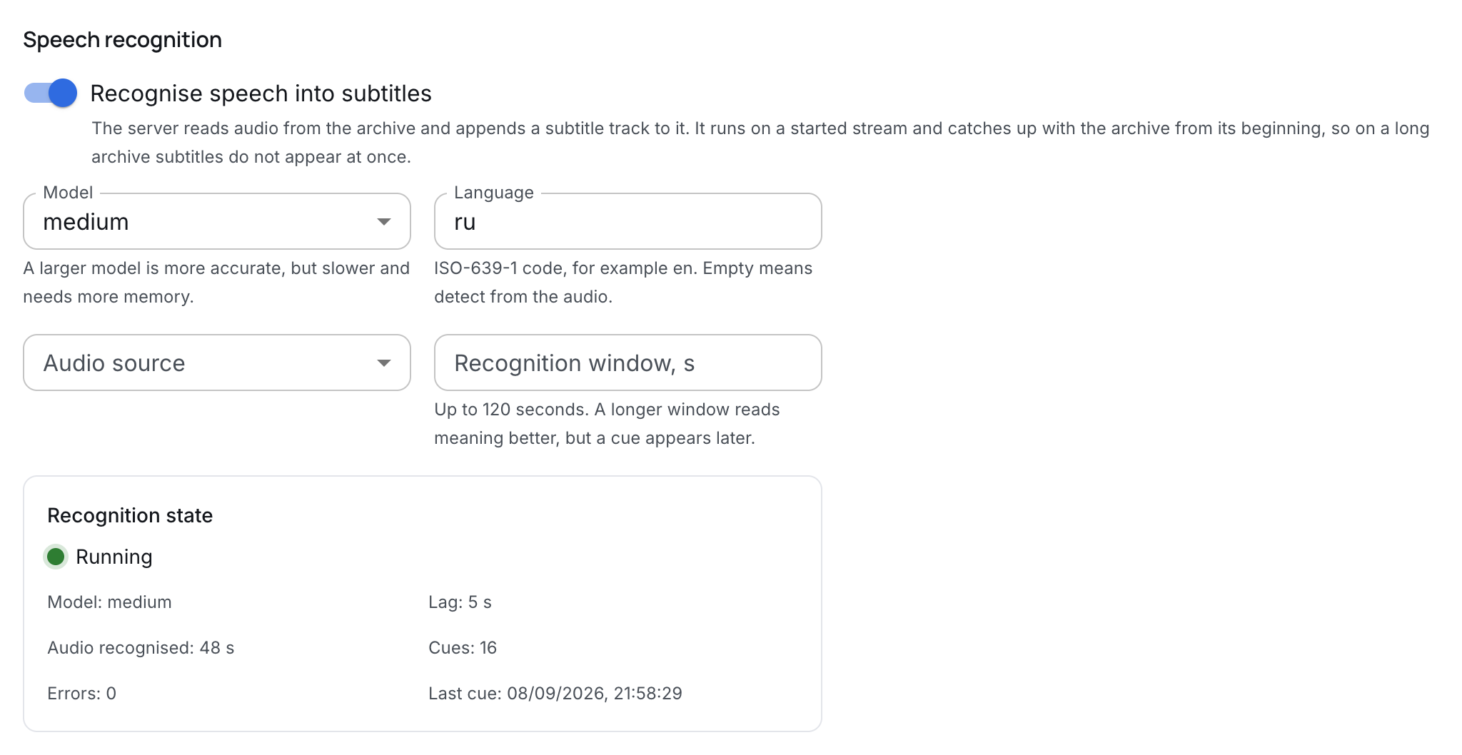 The speech recognition section on the processing tab