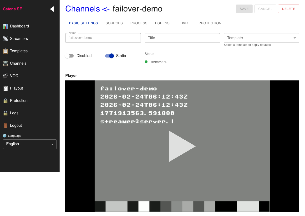 Player showing stream (after failover — from backup source)
