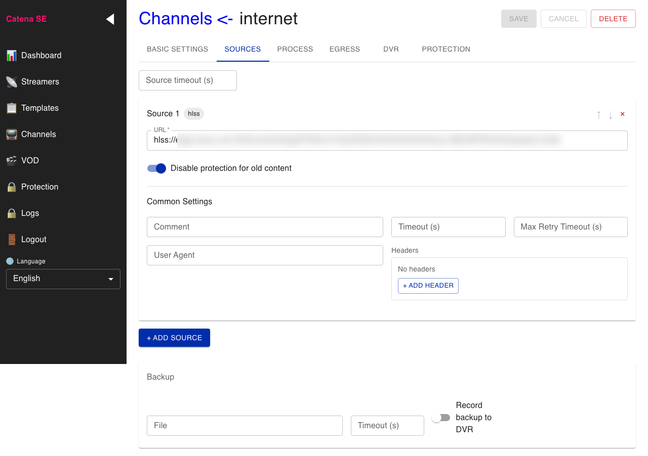 Channel with internet source configured