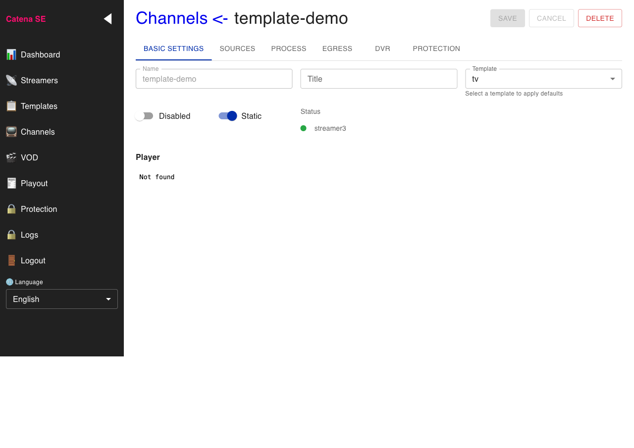 Channel with source and template, player running