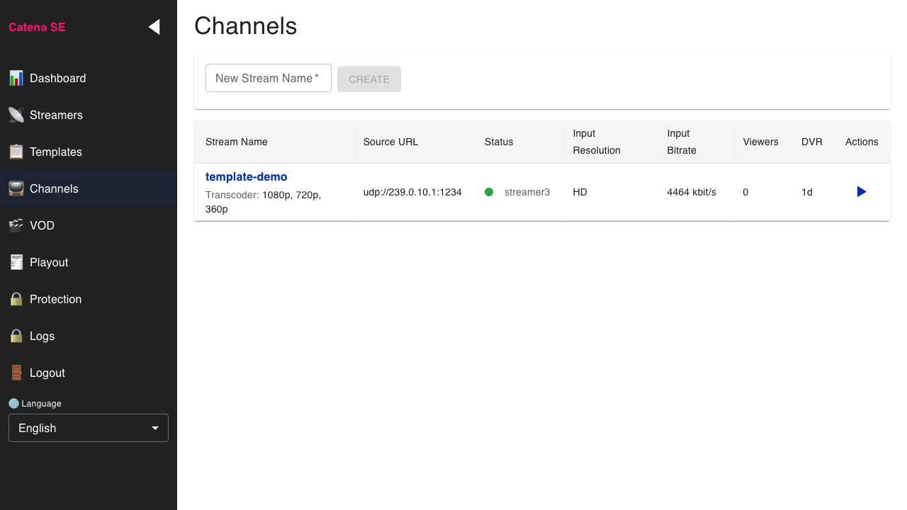 Channel list: transcoder and archive visible for the channel
