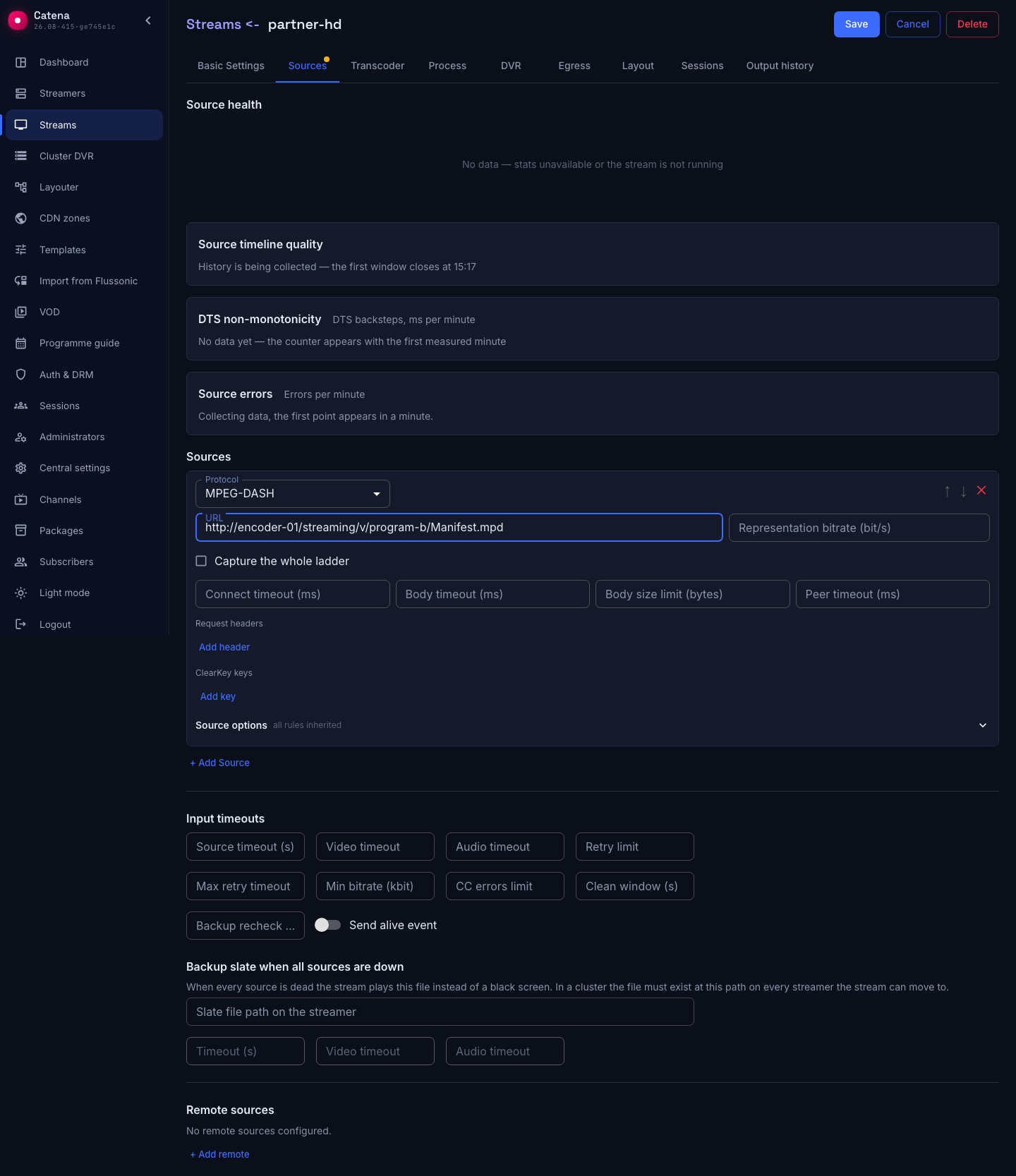 MPEG-DASH source: the manifest address and the input's fields
