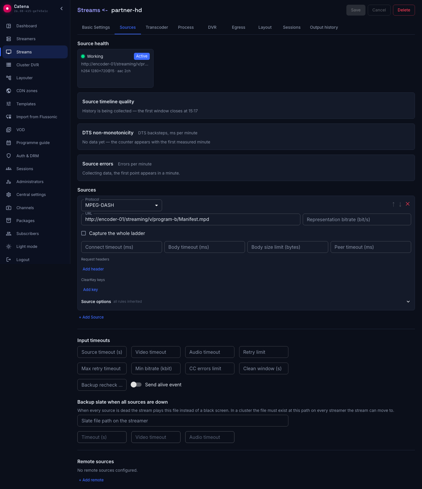 The DASH source is connected and the stream is on air