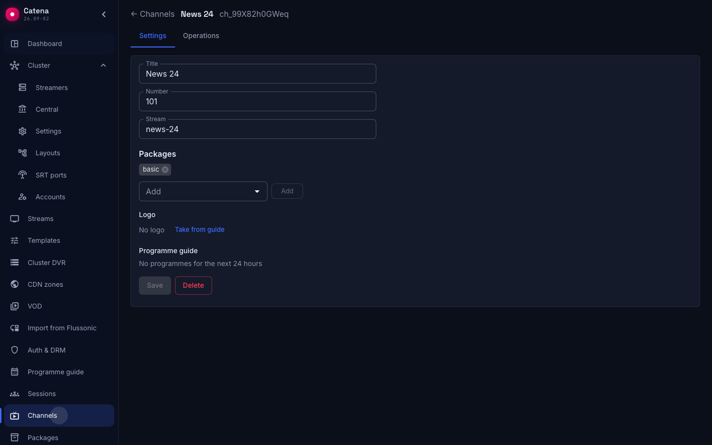 Channel settings: number, stream binding and packages