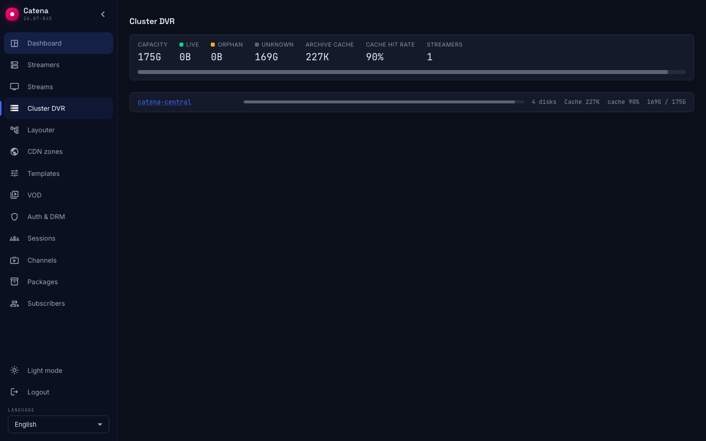 The cluster overview: bucket totals and a streamer row with three disks