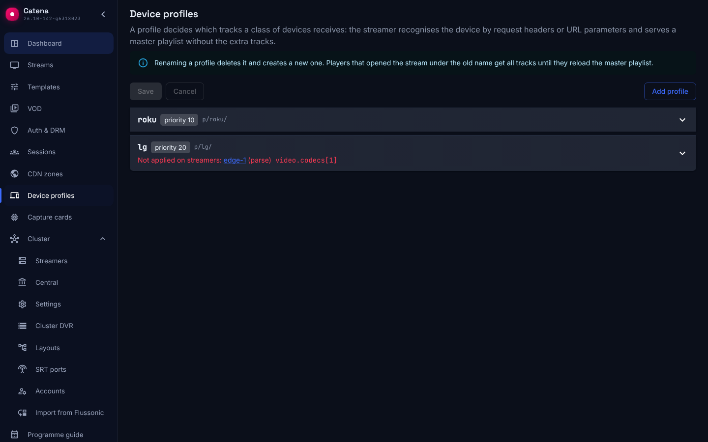 The profiles section: try order, a URL-only profile and a profile a streamer did not apply