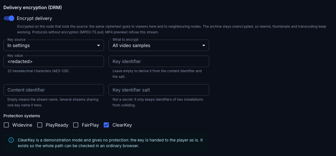 The encryption block: a key from the settings and the ClearKey system