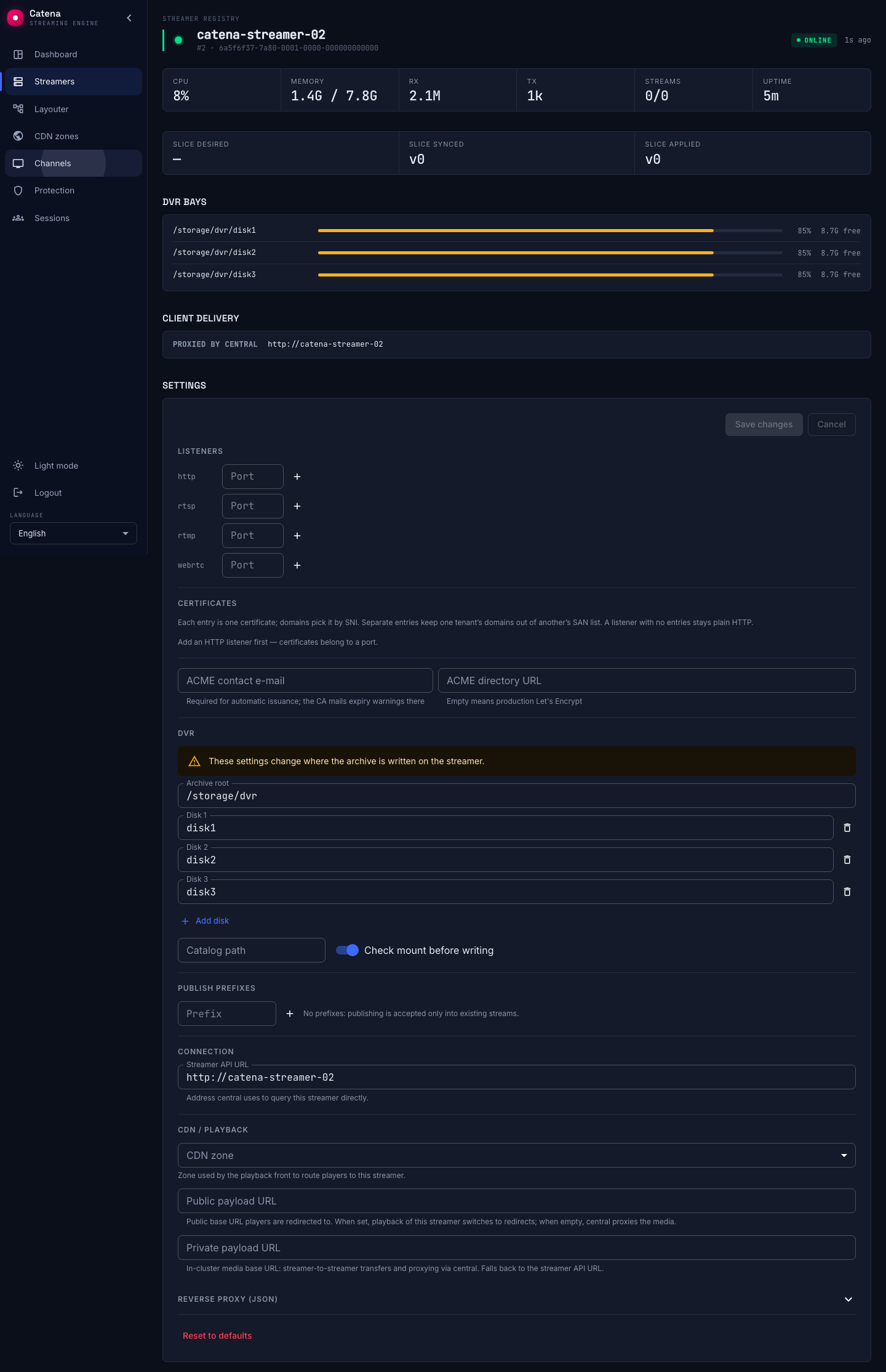 Streamer settings: the archive root and the disks under it