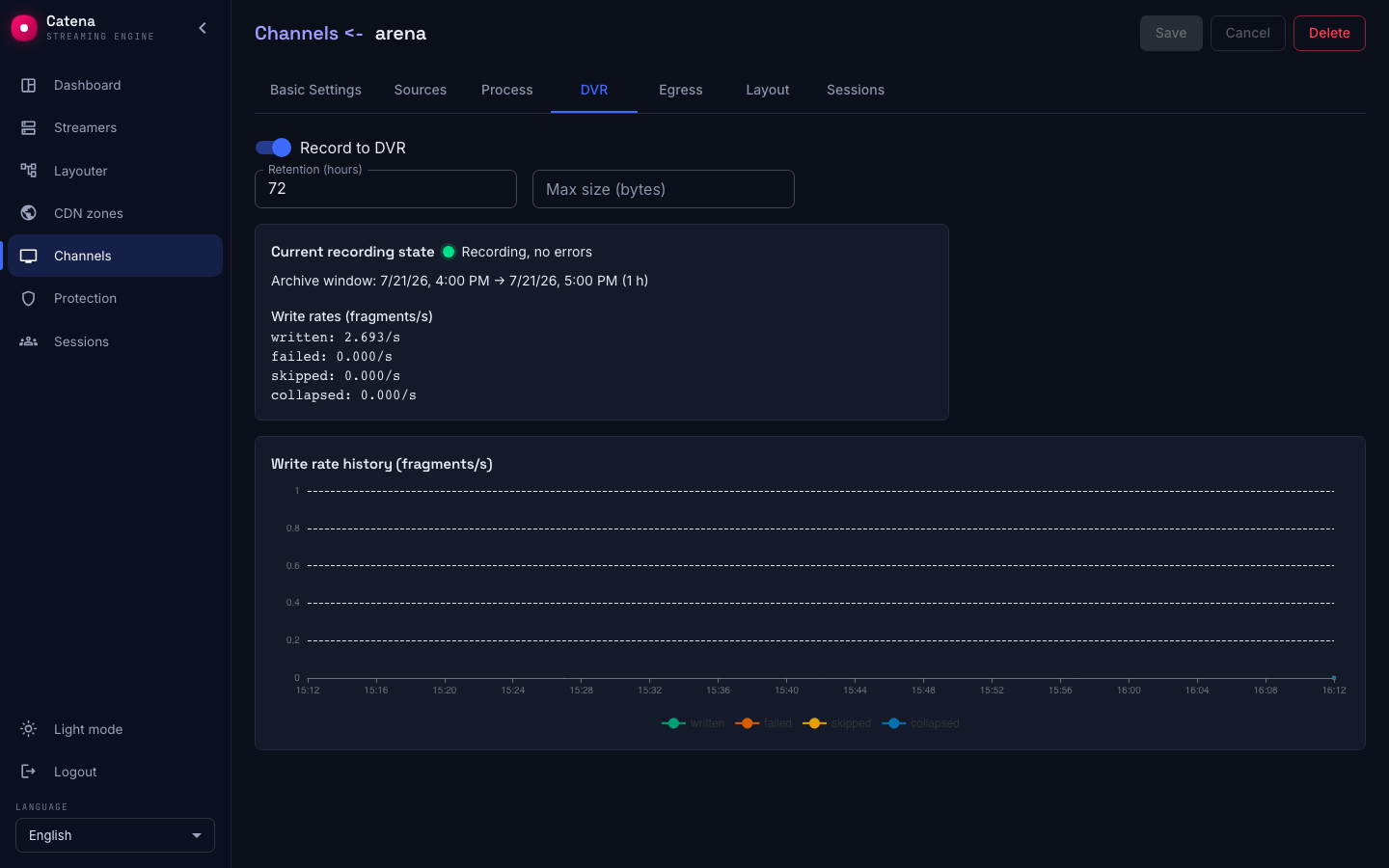The DVR tab: the settings and the current recording state