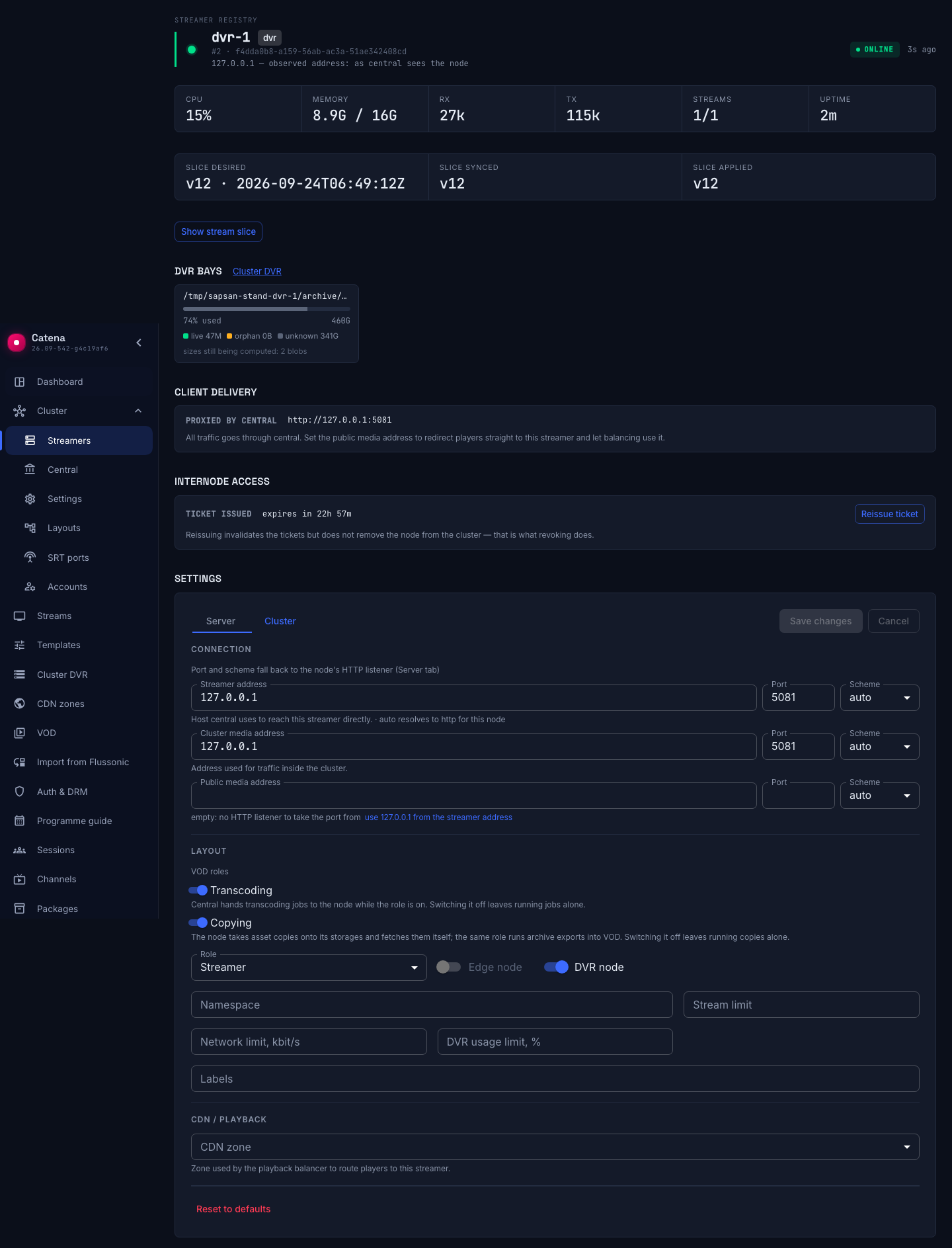 Cluster tab of a streamer with the "DVR node" switch on