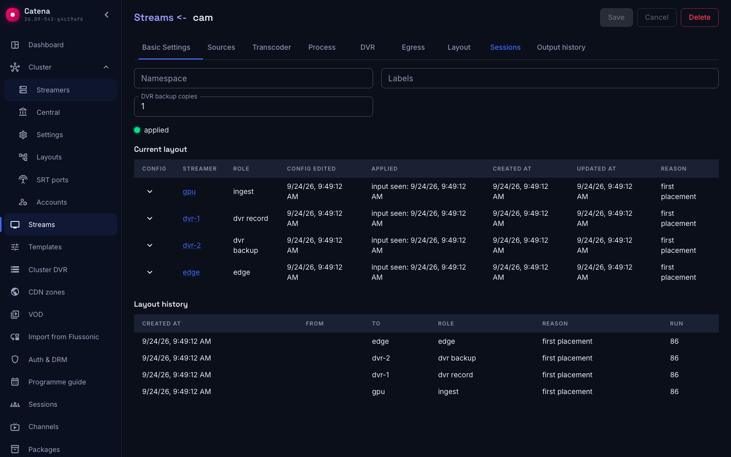 Layout tab of a stream: ingest on a diskless streamer, dvr record on a DVR streamer